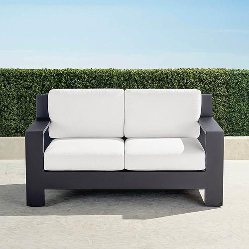 St. Kitts Loveseat with Cushions in Matte Black Aluminum - Standard, Cara Stripe Air Blue - Frontgate