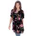 Plus Size Women's Short-Sleeve Angelina Tunic by Roaman's in Black Painted Floral (Size 32 W) Long Button Front Shirt