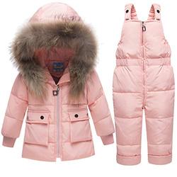 Little Kids Baby Girls Two Piece Winter Warm Zipper Fur Trim Hooded Snowsuit Puffer Down Jacket with Snow Ski Bib Pants Outfits Outwear 2-3 Years Pink