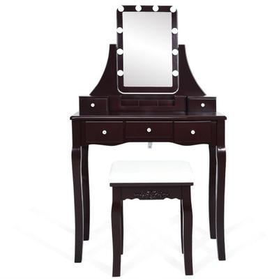 Costway 10 Dimmable Light Bulbs Vanity Dressing Table with 2 Dividers and Cushioned Stool-Coffee