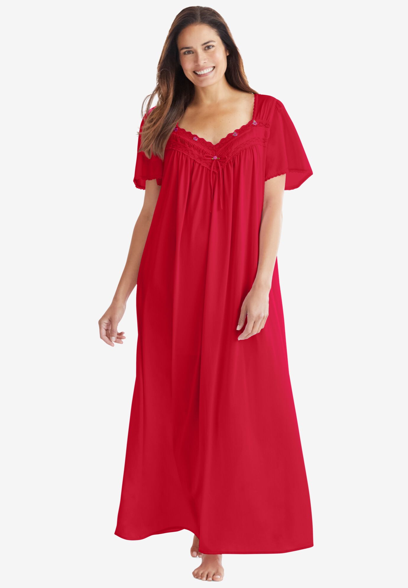 Plus Size Women's Long Silky Lace-Trim Gown by Only Necessities in Classic Red (Size 6X) Pajamas