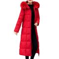 Women Quilted Winter Long Down Coat TUDUZ Puffer Fur Collar Hooded Parka Overcoat Slim Thick Cotton-Padded Outerwear Jackets(YA Red,UK(Bust)-XL/CN-3XL)