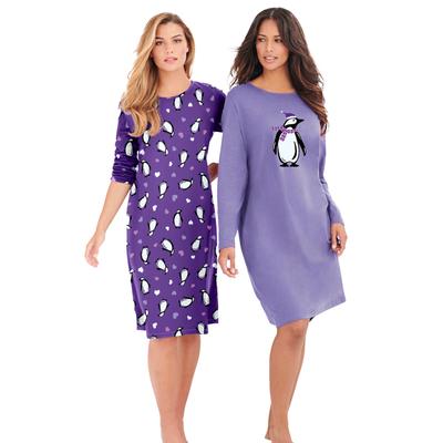 Plus Size Women's 2-Pack Long-Sleeve Sleepshirt by Dreams & Co. in Plum Burst Penguins (Size 3X/4X) Nightgown