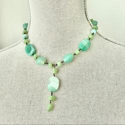 Anthropologie Jewelry | Green Aqua Agate Stone Adjustable Vintage 90s Necklace Cottagecore Natural Boho | Color: Green/White | Size: Os