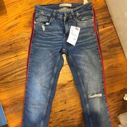 Zara Pants & Jumpsuits | Brand New Zara Denim Jeans With Red Stripe | Color: Blue/Red | Size: 2