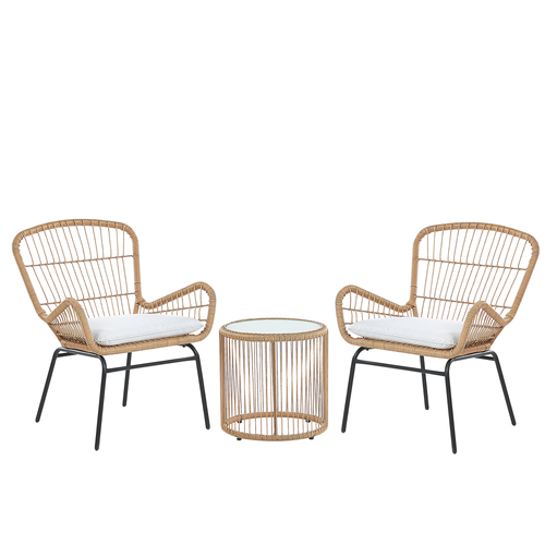 Balkonset Hellbraun Rattan Stahl Sicherheitsglas 2 Stühle Beistellstisch mit Auflagen Balkon Terrasse Garten