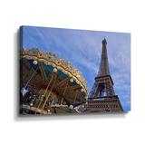 Winston Porter Eiffel & Carousel by Kathy Yates - Photograph Print on Canvas in Blue/Brown | 16 H x 24 W x 2 D in | Wayfair