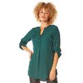 Roman Originals Women Shirt Ladies Embellished Longline Button Detail Collarless Top Blouse Tunic Smart Casual Evening Relaxed Fit 3/4 Length Sleeve Notch V-Neck Long - Green 2 - Size 18