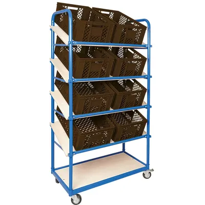 BRB Schrägboden-Regalwagen mit 5 Ebenen, BxTxH 1050x500x1880 mm, 4 Lenkrollen, 2 Rollen mit Feststellbremse mit 10 Euroboxen BxTxH 600x400x240 mm Image