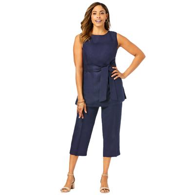 Plus Size Women's 2-Piece Linen Capri Set by Jessica London in Navy (Size 20) Washable Rayon Linen Blend
