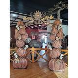 The Holiday Aisle® Large Happy Halloween Arch w/ Pumpkins & Skulls Metal in Orange | 115 H x 102 W x 16.5 D in | Wayfair