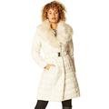 Roman Originals Women Longline Padded Faux Fur Trim Belted Coat - Detachable Hood - Ladies Autumn Winter Long Quilted Showerproof Waterproof Rainproof Thermal Fitted Jacket - Ivory - Size 20