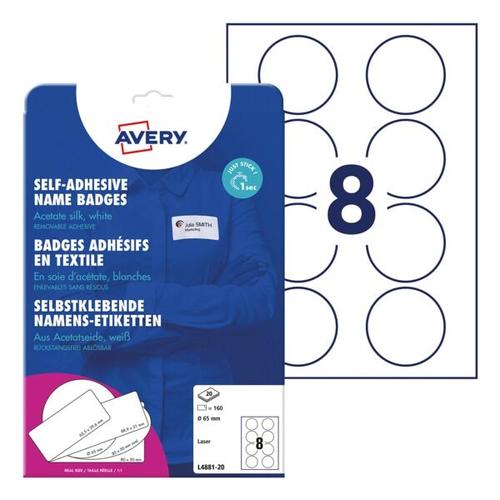 Selbstklebende Textilschild-Namensschilder Ø:65 mm weiß (L4881-20) weiß, Avery Zweckform, 6.5×6.5 cm