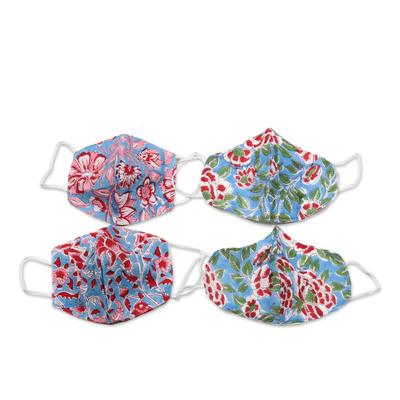 '4 Handmade 2-Layer Blue & Red Cotton Masks with Block Prints'
