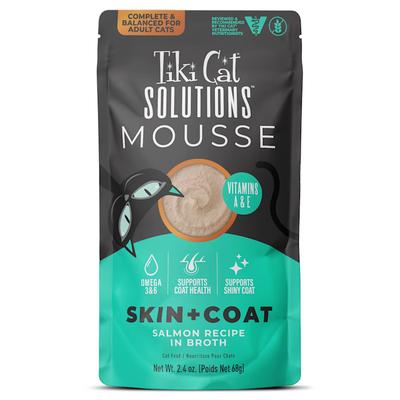 Tiki Cat Solutions Mousse, Skin + Coat, Salmon Recipe in Broth Cat Food, 2.4 oz., Case of 12
