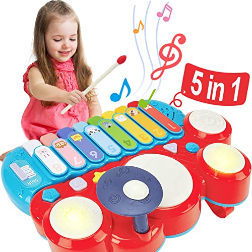 hahaland Kids Drum Set Baby Musical Instruments Toys for Toddlers Wooden Musical Toy Toddler Drum Set Kid Musical Baby Toys Music Percussion Instruments Baby Drum Musical Birthday Gifts for Boys Girls