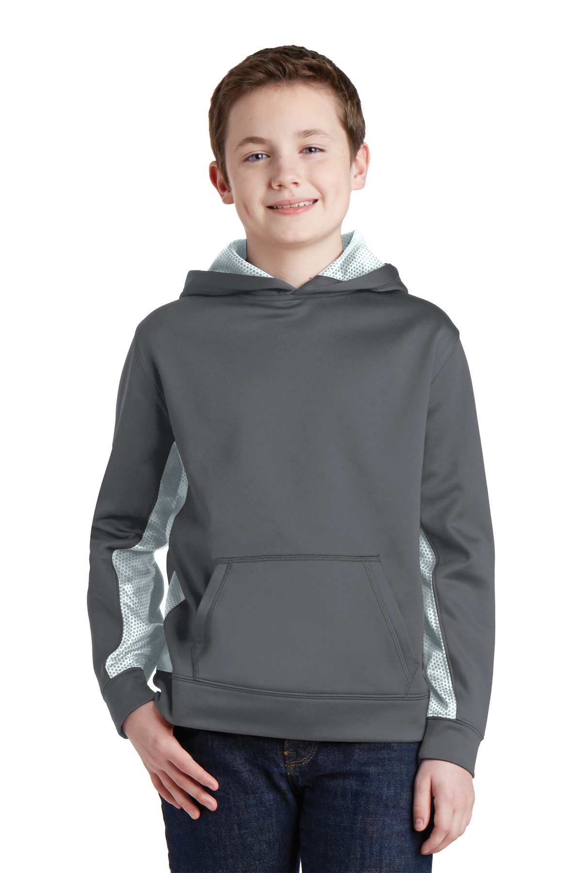 Sport-Tek YST239 Youth Sport-Wick CamoHex Fleece Colorblock Hooded Pullover T-Shirt in Dark Smoke Gray/White size XL | Polyester