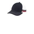 Port Authority C113 Two-Stripe Snapback Trucker Cap in Rich Navy Blue/Flame Red/White size OSFA | Cotton