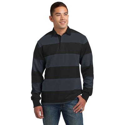 Sport-Tek ST301 Classic Long Sleeve Rugby Polo Shirt in Black/Graphite Grey size Medium | Cotton