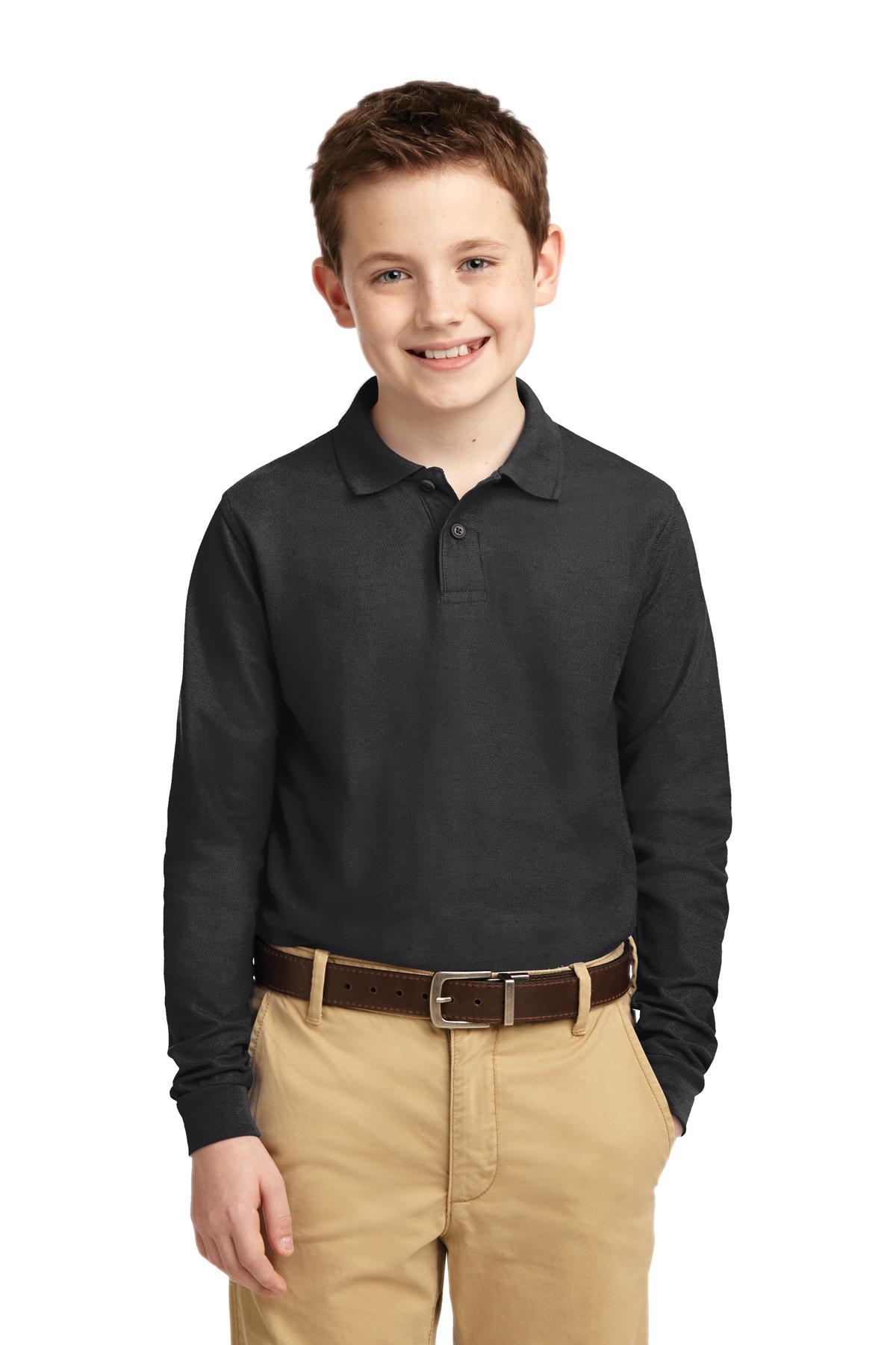 Port Authority Y500LS Youth Long Sleeve Silk Touch Polo Shirt in Black size XS | Polyester Blend