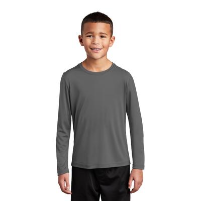 Sport-Tek YST420LS Youth Posi-UV Pro Long Sleeve Top in Dark Smoke Grey size XL | Polyester