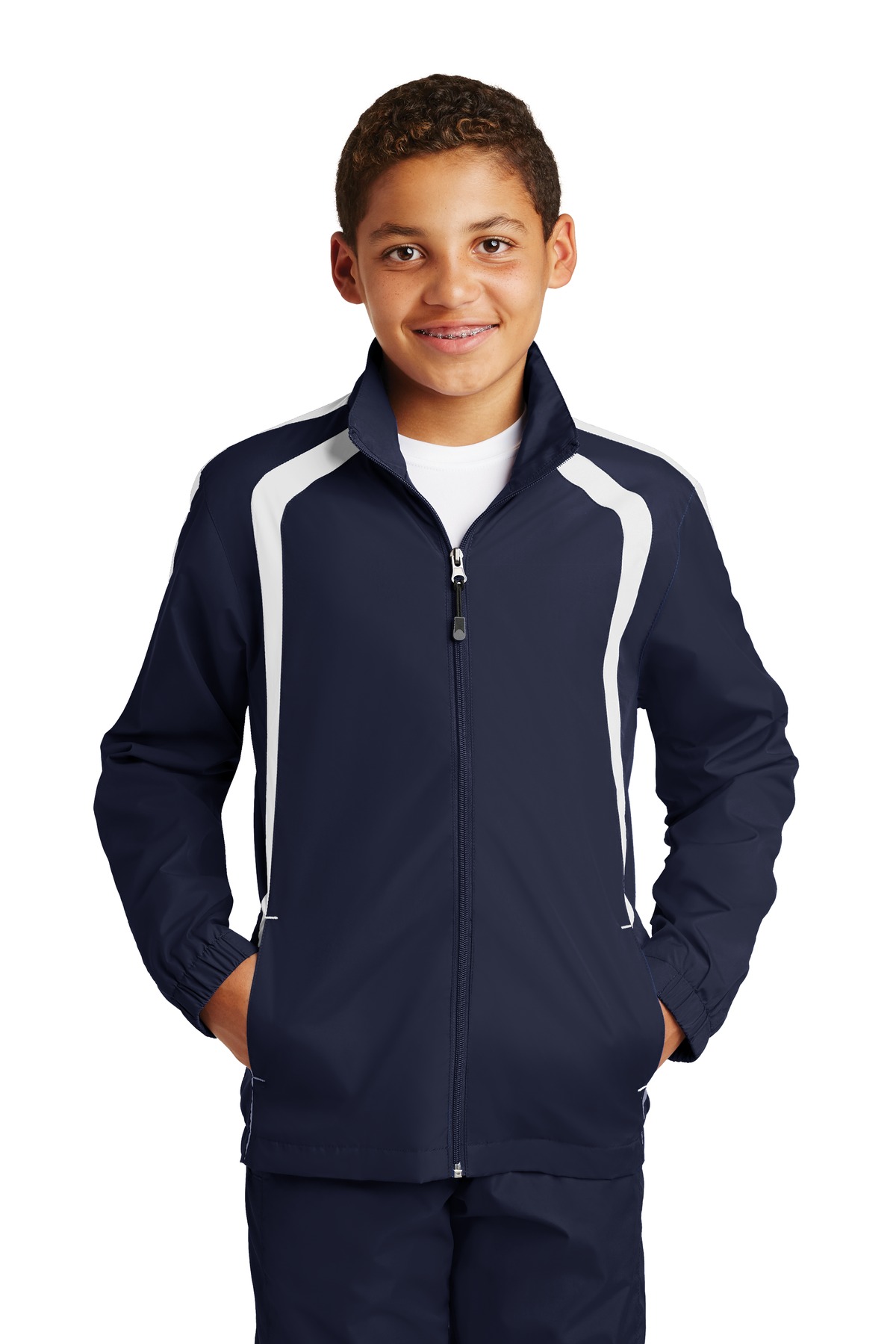 Sport-Tek YST60 Athletic Youth Colorblock Raglan Jacket in True Navy Blue/White size XL | Polyester