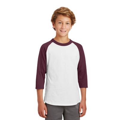 Sport-Tek YT200 Youth Colorblock Raglan Jersey T-Shirt in White/Maroon size XS | Cotton