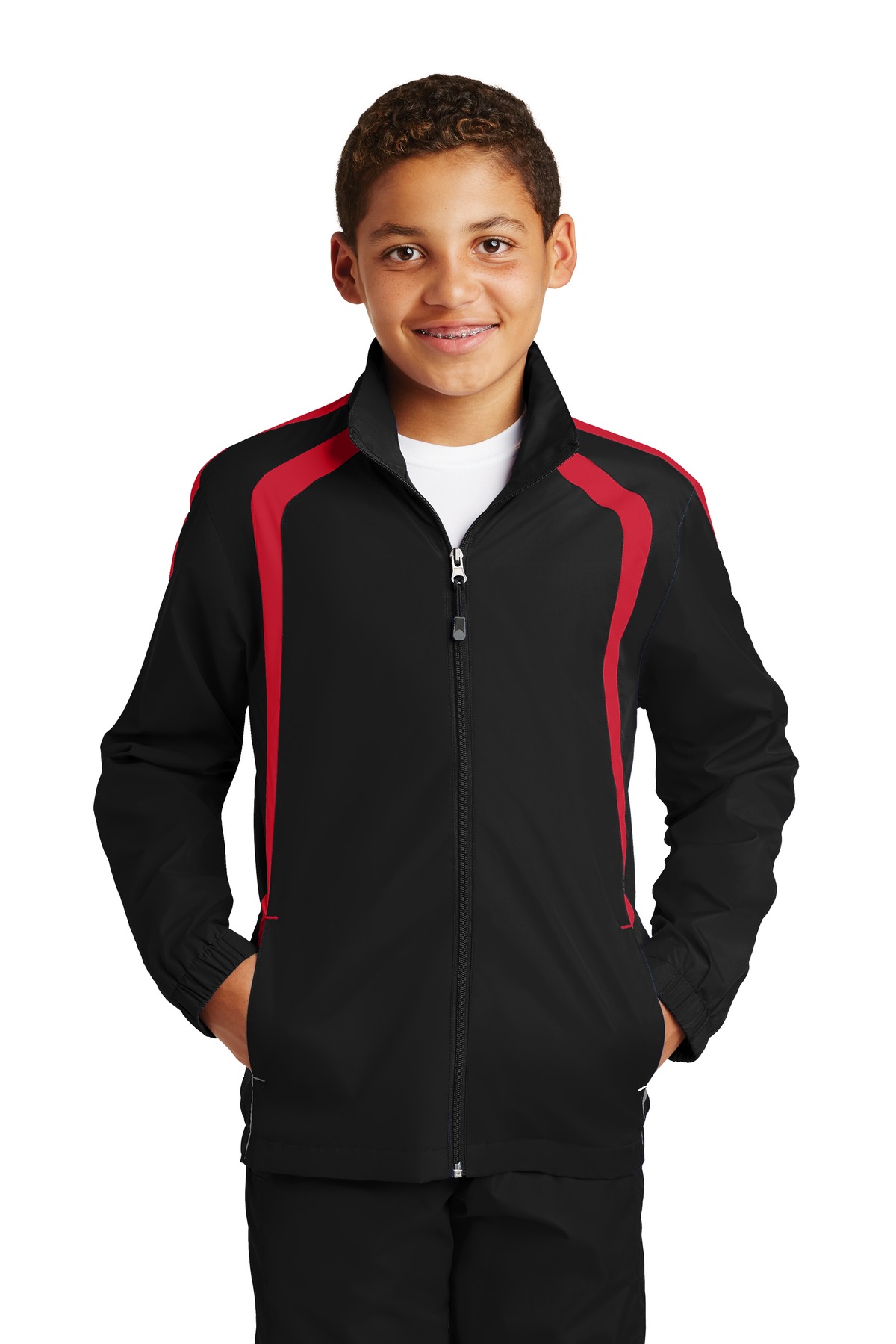 Sport-Tek YST60 Athletic Youth Colorblock Raglan Jacket in Black/True Red size Medium | Polyester