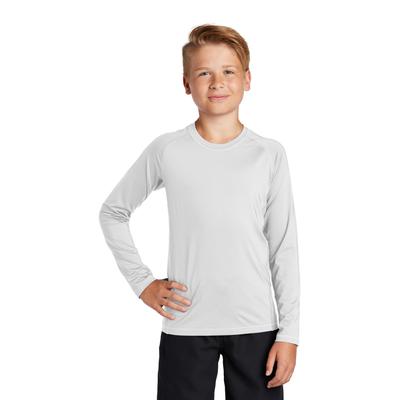 Sport-Tek YST470LS Athletic Youth Long Sleeve Rashguard Top in White size XL | Polyester/Spandex Blend