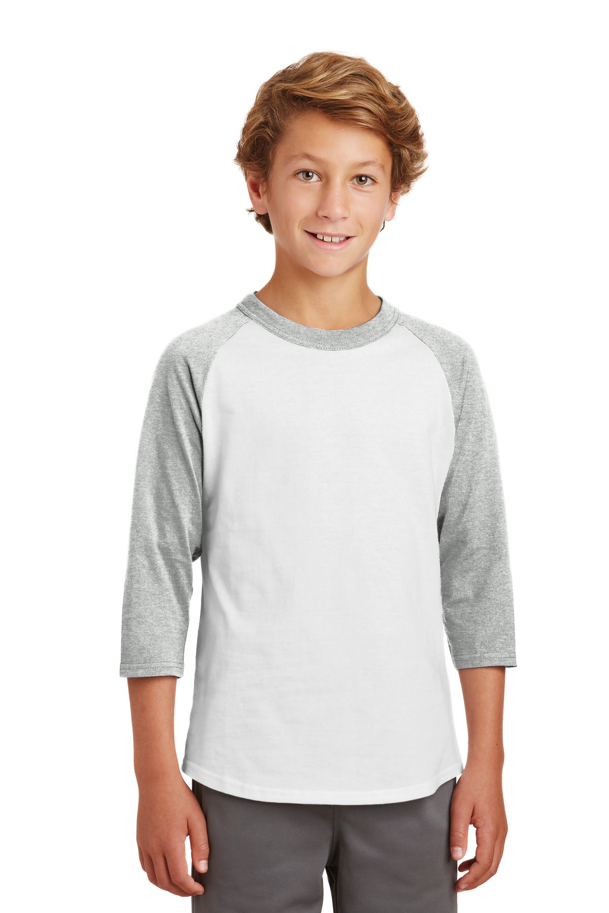 Sport-Tek YT200 Youth Colorblock Raglan Jersey T-Shirt in White/Heather Grey size Medium | Cotton