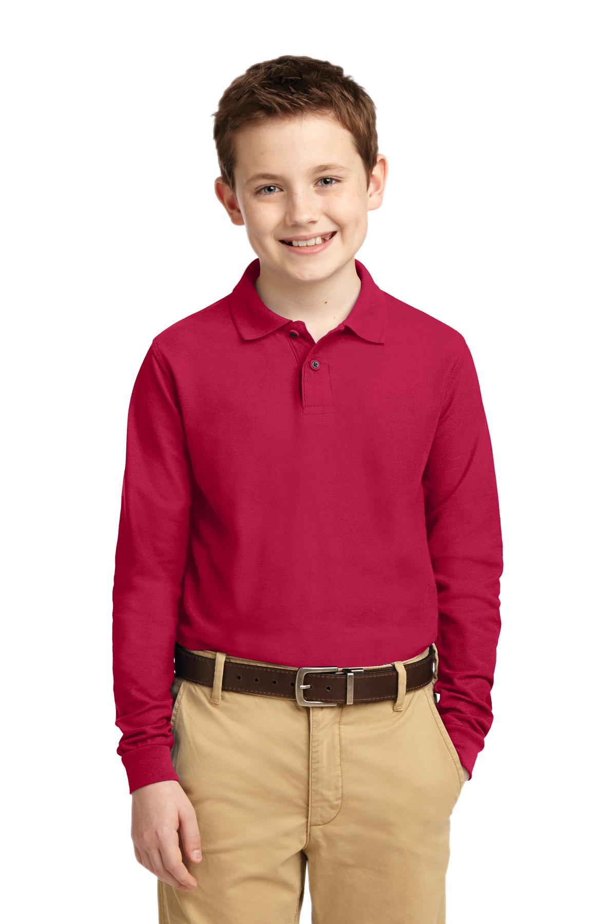 Port Authority Y500LS Youth Long Sleeve Silk Touch Polo Shirt in Red size Large | Polyester Blend