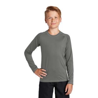 Sport-Tek YST470LS Athletic Youth Long Sleeve Rashguard Top in Dark Smoke Grey size Small | Polyester/Spandex Blend