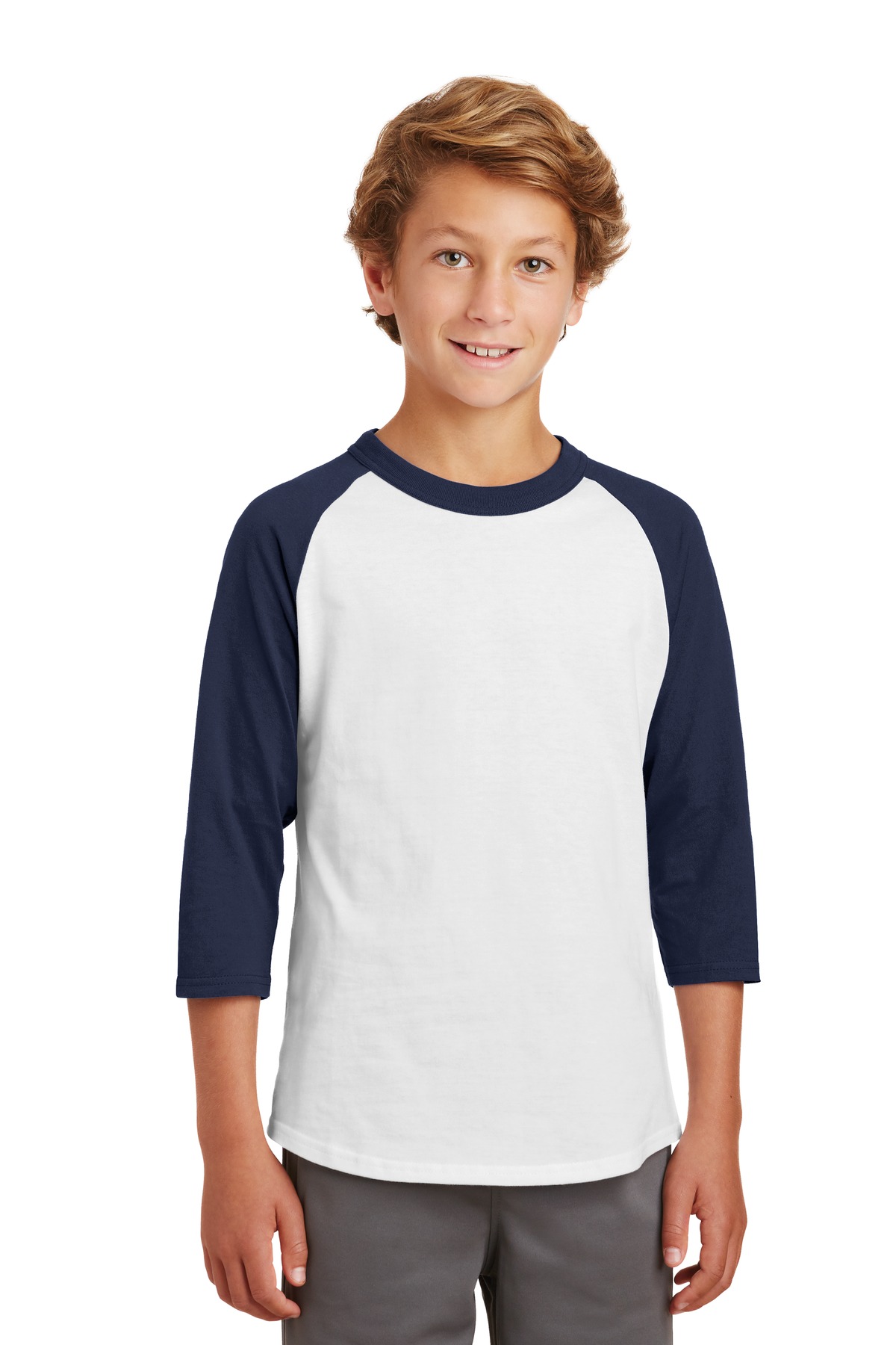 Sport-Tek YT200 Youth Colorblock Raglan Jersey T-Shirt in White/Navy Blue size Medium | Cotton - Sport-Tek