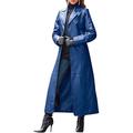 HAOXUAN Womens Winter PU Leather Trench Coats Slim Fit Button Up Long Jacket Faux Fur Trench Coats Outwear,Blue,XL