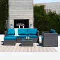 Wade Logan® Baecher 6 Piece Rattan Sectional Seating Group w/ Cushion Synthetic Wicker/All - Weather Wicker/Wicker/Rattan in Blue | Outdoor Furniture | Wayfair