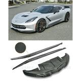 Replacement for 2014-2019 Chevrolet Corvette C7 | EOS Aero Bottom Line Style Carbon Fiber Front Bumper Lower Lip Splitter with Side Skirt Rocker Panels Pair