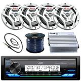 JVC KDX37MBS Marine Boat Yacht Radio Stereo MP3 Player Receiver Bundle Combo with 2 Pairs of 6.5 Marine Speakers 4-Channel Amplifier Radio Antenna Speaker Wire