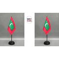 Made in The USA. 2 Maldives Rayon 4 x6 Miniature Office Desk & Little Hand Waving Table Flags Includes 2 Flag Stands & 2 Small Mini Maldivan Stick Flags