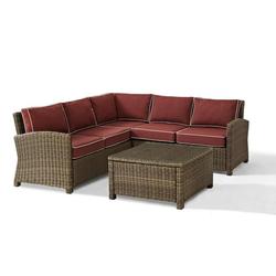 Crosley Furniture Bradenton 4-Piece Outdoor Wicker Seating Set with Sangria Cushions - Right Corner Loveseat Left Corner Loveseat Corner Chair Sectional Glass Top Coffee Table