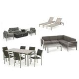 Miller Outdoor Sofa and Chat Sets with a Glass Top Dining Set Lounges and a Grey Firepit Khaki Silver