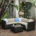 Cascada Outdoor Wicker V-Shaped Sectional Sofa Set with Cushions Dark Brown Beige