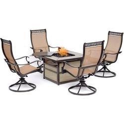 Hanover Monaco 5-Piece Fire Pit Chat Set with 4 Sling Swivel Rockers and a 40 000 BTU Gas Fire Pit Coffee Table