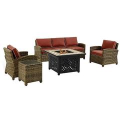 Crosley Furniture Bradenton 5 Piece Patio Fabric Fire Pit Sofa Set in Brown/Red