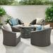 Davion Outdoor 5 Piece Wicker Swivel Club Chair Set with Fire Pit and Cushions Mix Brown Mix Khaki Natural Stone