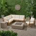 Ellanese Outdoor 6 Seater Acacia Wood Sofa Set with Square Fire Table and Tank Teak and CrÃ¨me and Light Gray