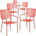 Flash Furniture Oia Commercial Grade 5 Pack Coral Indoor-Outdoor Steel Patio Arm Chair with Square Back