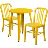 Flash Furniture Commercial Grade 24 Round Yellow Metal Indoor-Outdoor Table Set with 2 Vertical Slat Back Chairs