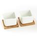 K-Cliffs Set of 2 White Square Ceramic Succulent Pots with Bamboo Trays 2 3.7L x 3.7W x 2.6H inches; Pot - 3.4L x 3.4W x 2.6H inches; Bamboo Saucer - 3.7L x 3.7W x 0.5H