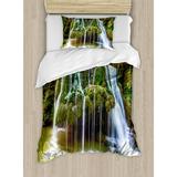 Ambesonne Waterfall to Lake above Rock Umbrella Covered with Botanic Plants Duvet Cover Set