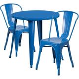 Flash Furniture Baker Commercial Grade 30 Round Blue Metal Indoor-Outdoor Table Set with 2 Cafe Chairs